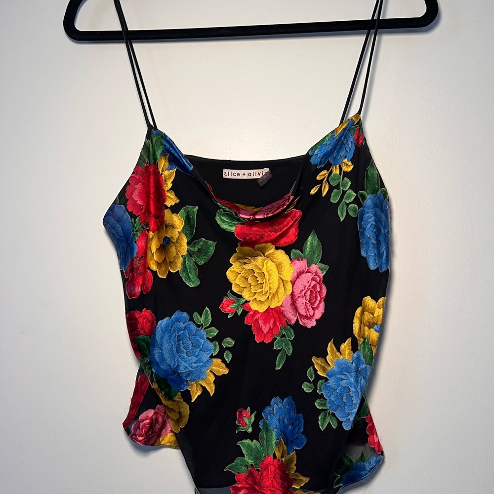Alice + Olivia Floral Cami Top - Black with Multicolor Flowers